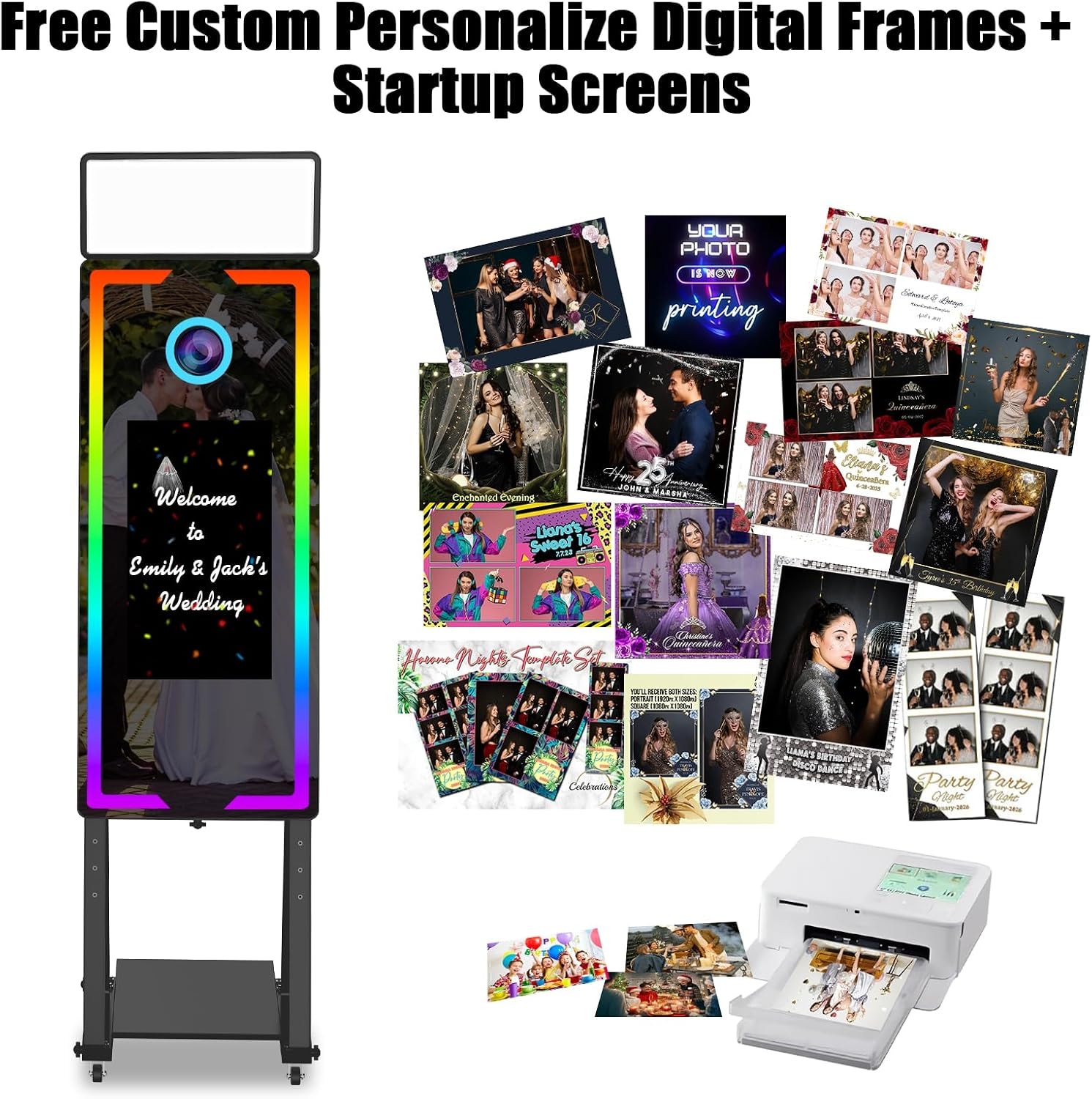 Photo booth with RGB lighting, app control, and customizable color frames — choose your favorite color, share on social media, or print it