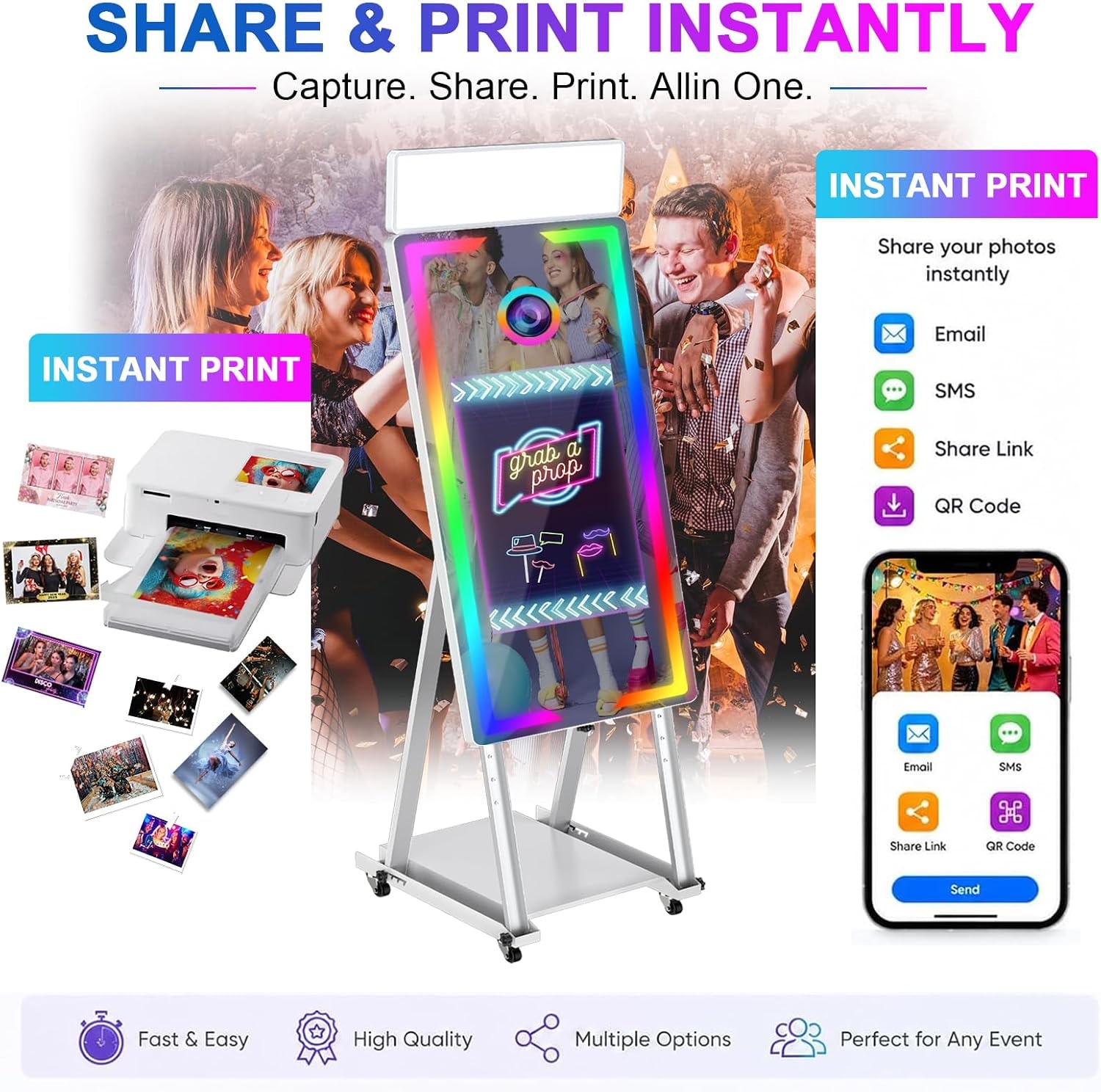 How the photo booth works: Step 1 strike a pose, Step 2 select and print your photos, Step 3 photos are automatically printed out